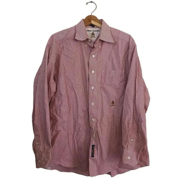 Tommy Hilfiger Men's Red Striped Super Oversize Button Down Shirt Size 16 1/2 35 - Picture 1 of 8